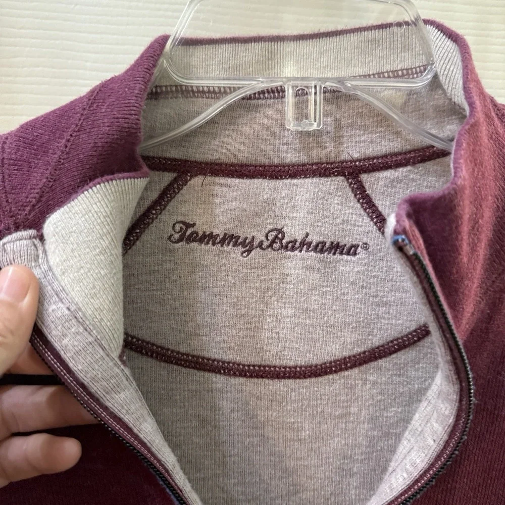 Tommy Bahama Sweater Mens Large Preppy‎ Logo Plum Gray 1/4 Zip Reversible